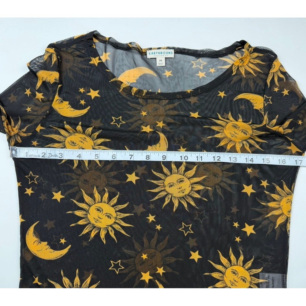 Earthbound Trading Co Mesh Celestial Sun Moon Top Bell Sleeves Black Gold Sz M - Picture 9 of 10